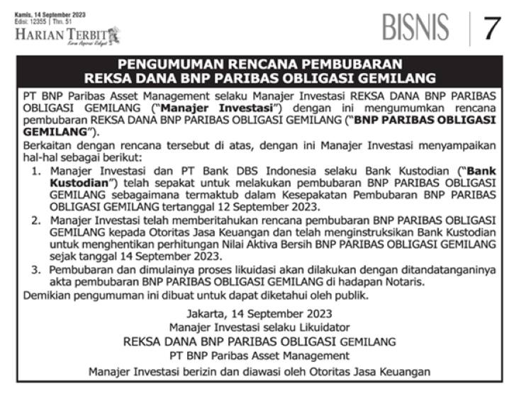 Pengumuman Rencana Pembubaranreksa Dana BNP Paribas Obligasi Gemilang ...